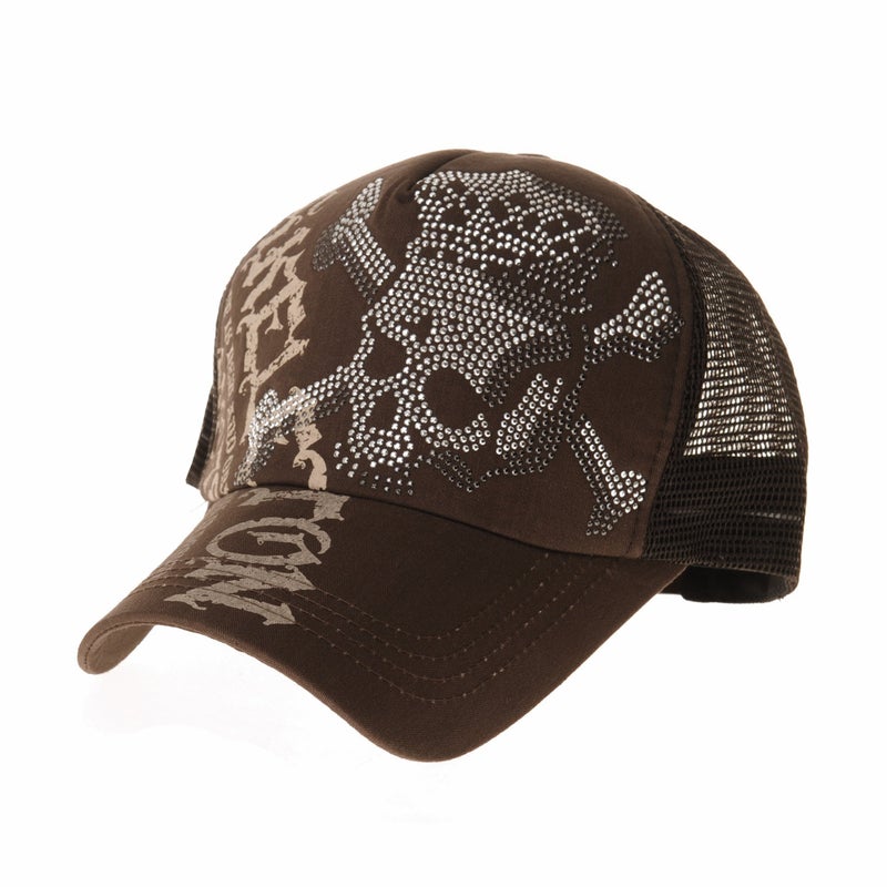 WITHMOONS Meshed Baseball Cap Skull Rhinestones Trucker Hat KR1751 (Brown) - Image 1